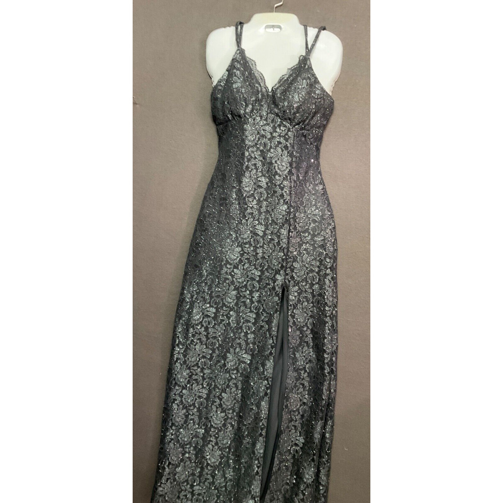 Morgan & Co Formal Gray‎ Glitter Lace Prom Gown SZ 1 Side Slit Lined